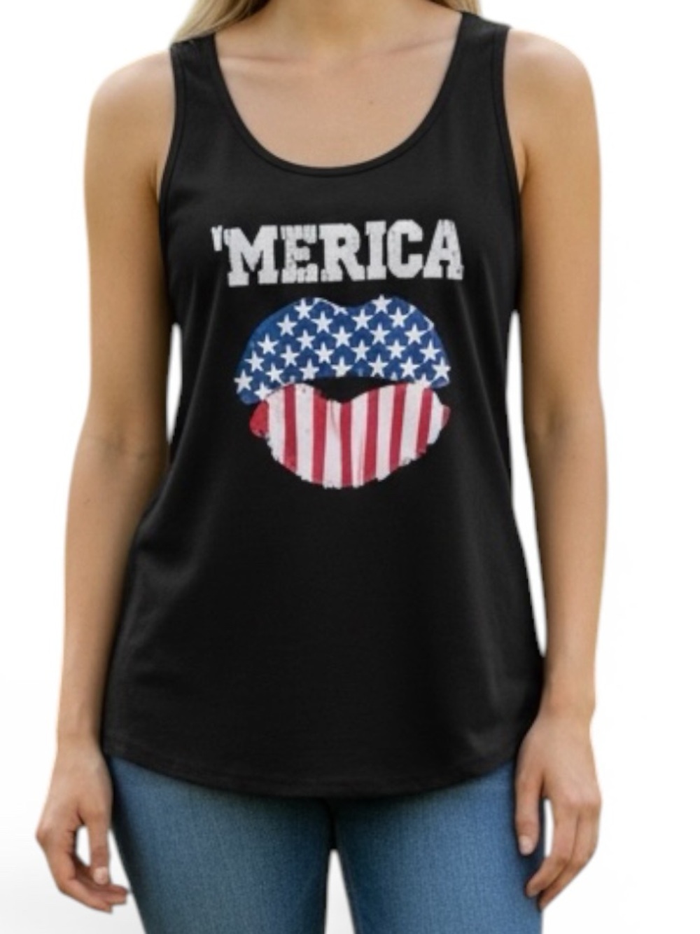 Saukole Merica Tank Top USA American Flag Lips Graphic Black Size Small